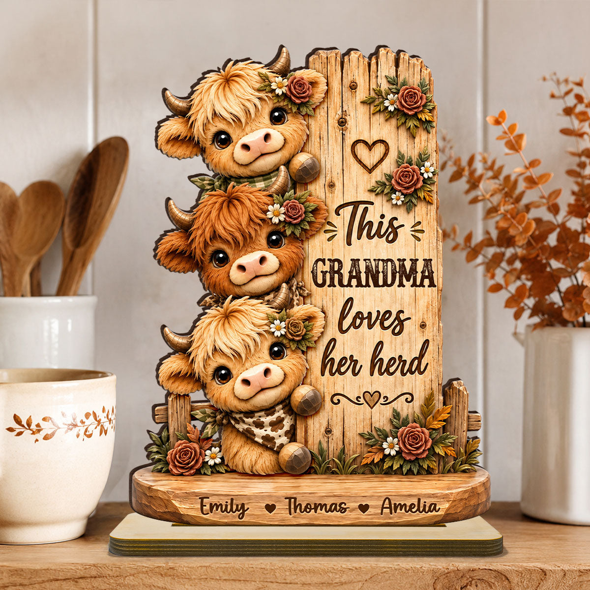This Grandma Loves Her Herd - Personalized 2-Layered Wooden Plaque - Cozy Fall Decor for Grandma