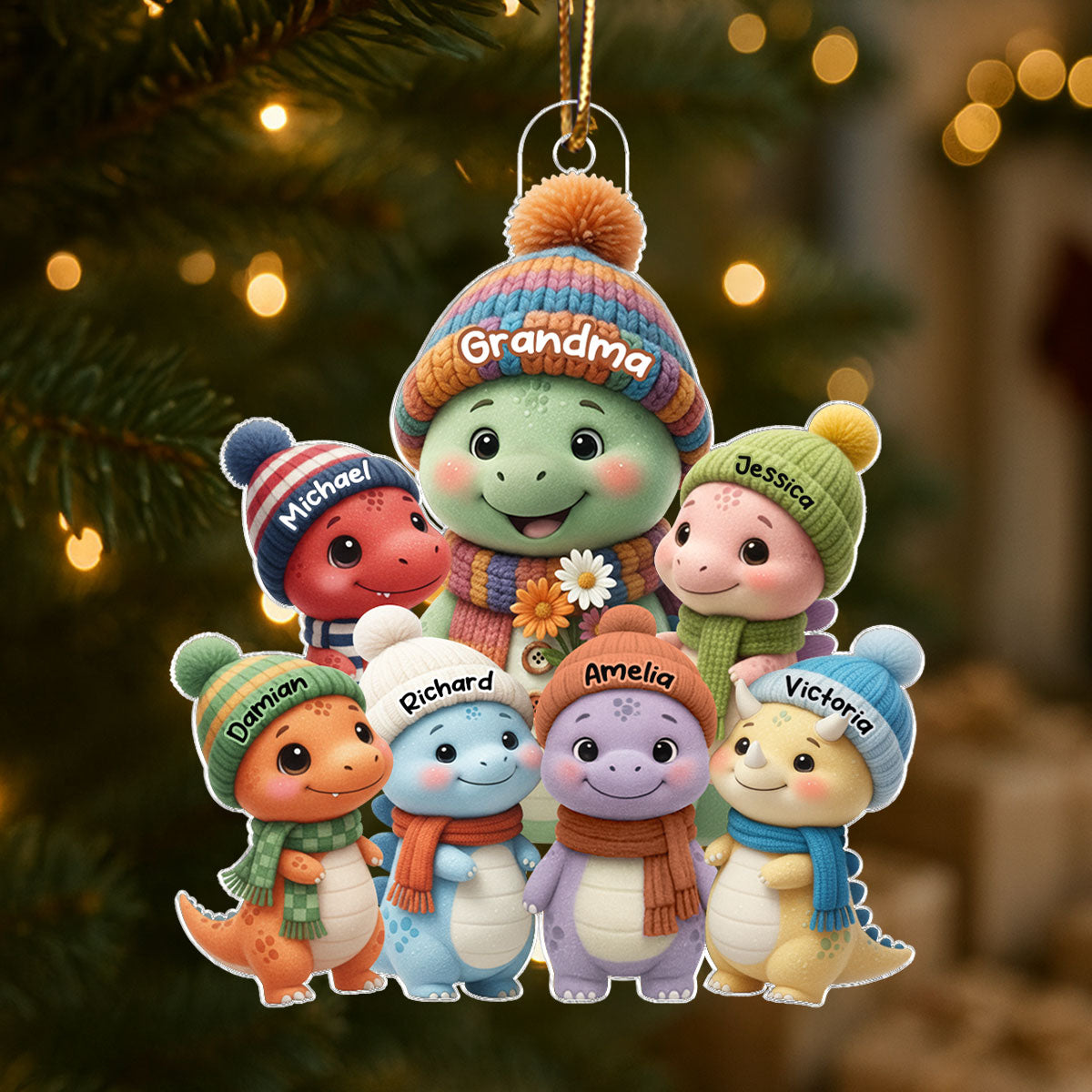 Cute Dinosaur Grandma & Grandkids - Personalized Acrylic Ornament - Christmas Gift for Grandma