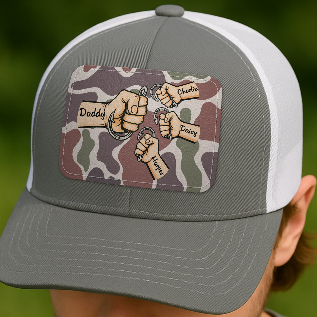 Dad Grandpa & Kids Fist Bump Fishing With Hooks Personalized Leather Patch Hat, Father's Day Gift For Husband, For Dad, For Grandpa
