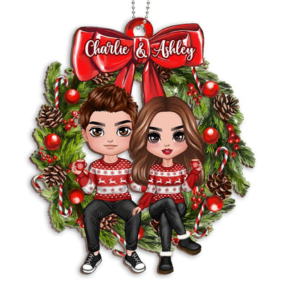Couple Sitting On Christmas Wreath Personalized Wooden Ornament
