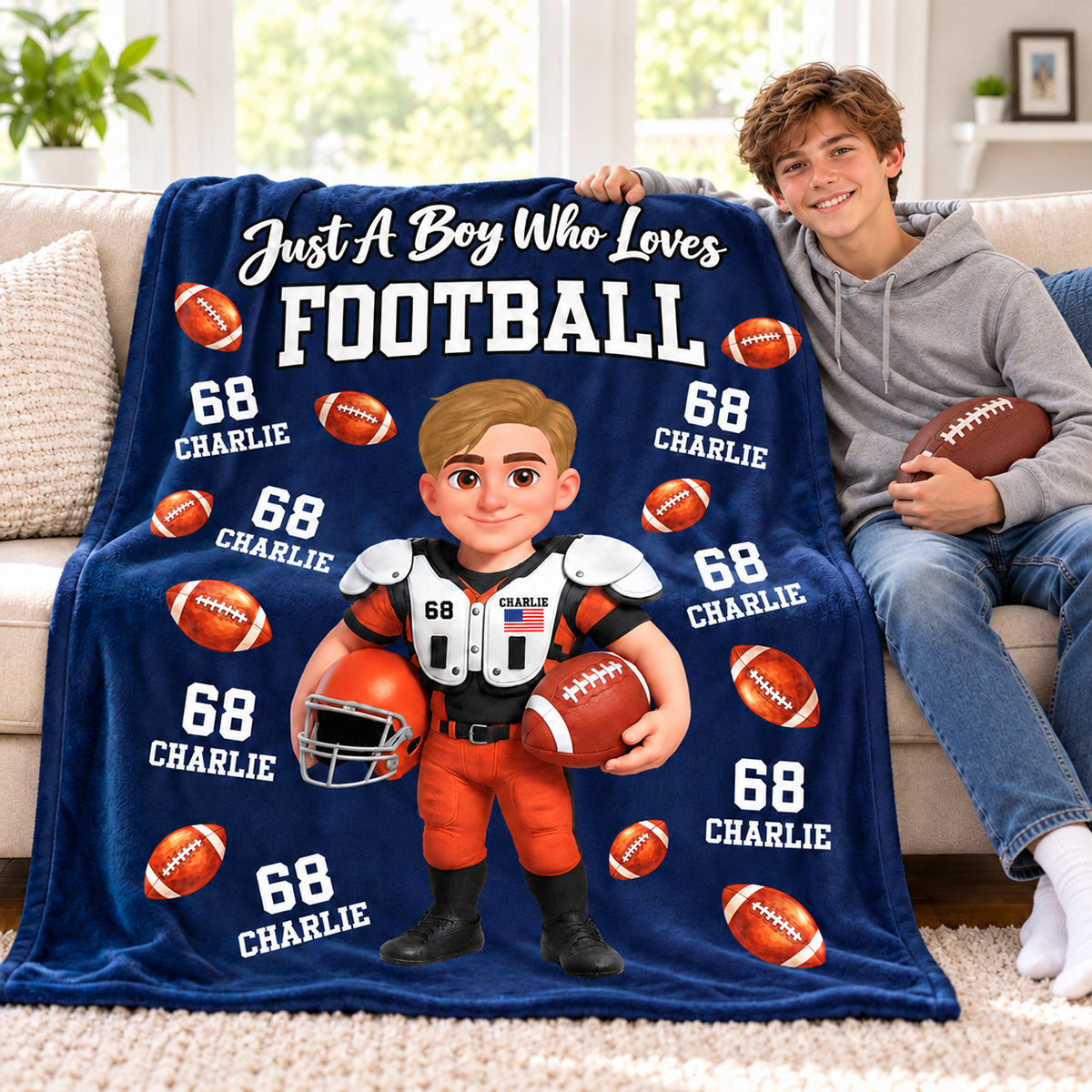 Proud American Football Player Custom Name & Number - Personalized Fleece Blanket - Christmas Gift For Football Players, Grandson, Son, Granddaughter, Daughter