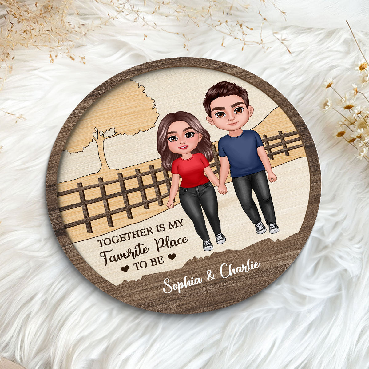Couple Standing Landscape Personalized 2-layer Wooden Plaque