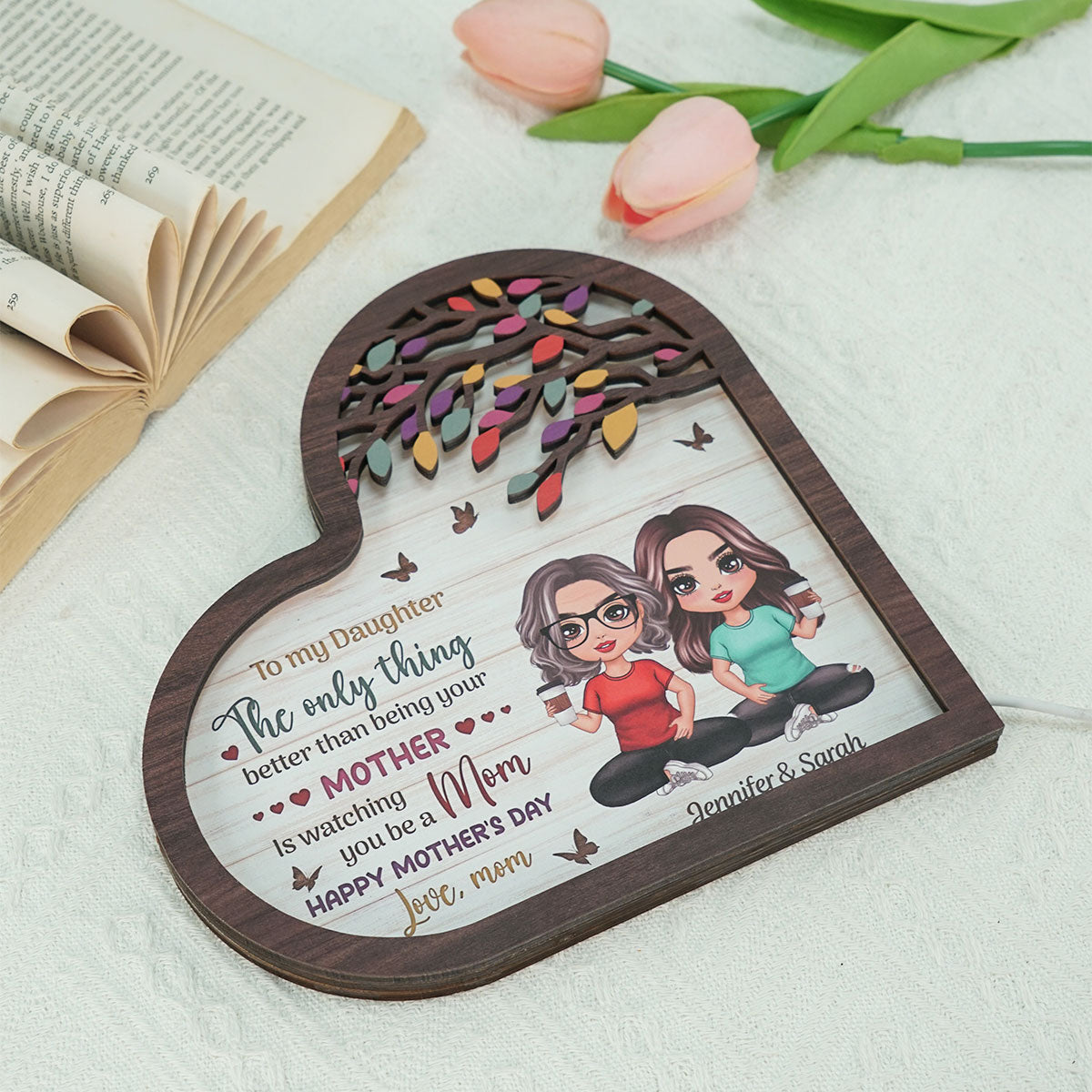 To My Daughter Gift From Mom Heart Personalized 2-Layered Wooden Plaque With LED