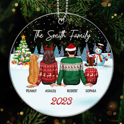 Family Dog Cat Christmas Tree Sitting In Snow Gift For Family Pet Lovers Personalized Acrylic Ornament