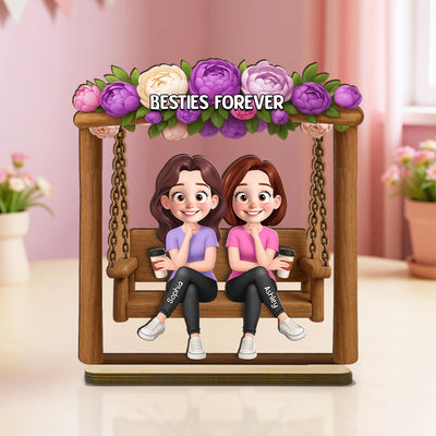 Pretty Besties Sisters On Swing Flowers 3D Effect Personalized Standing Wooden Plaque