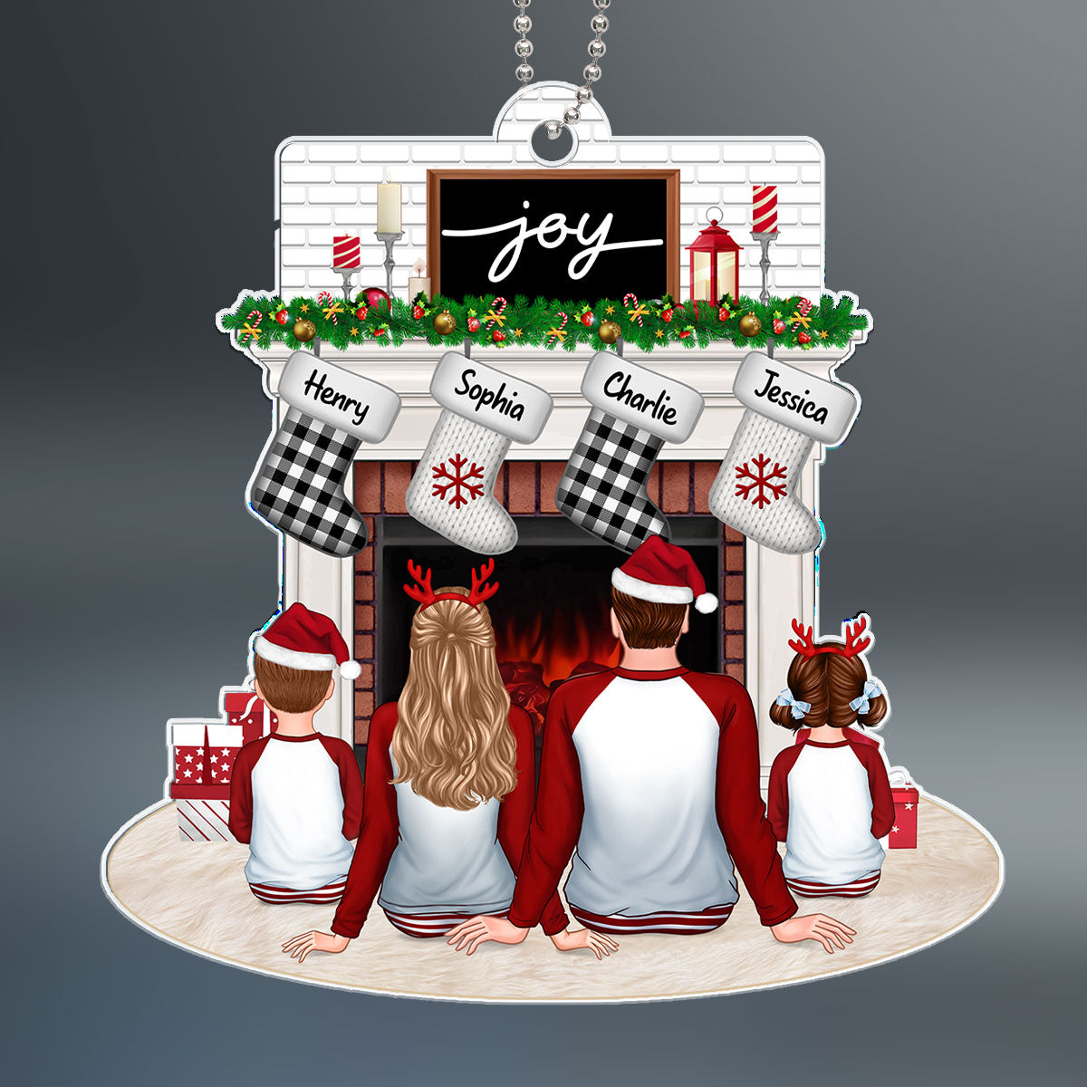 Pajamas Family Dad Mom Kids Dogs Cats Sitting At Christmas Fireplace Personalized Acrylic Ornament