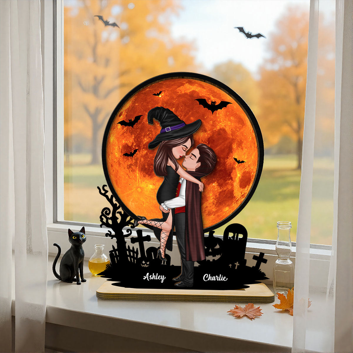Couple Hugging Under Halloween Moon Tabletop Tier Tray Decor Personalized 2-Layer Standing Wooden Plaque