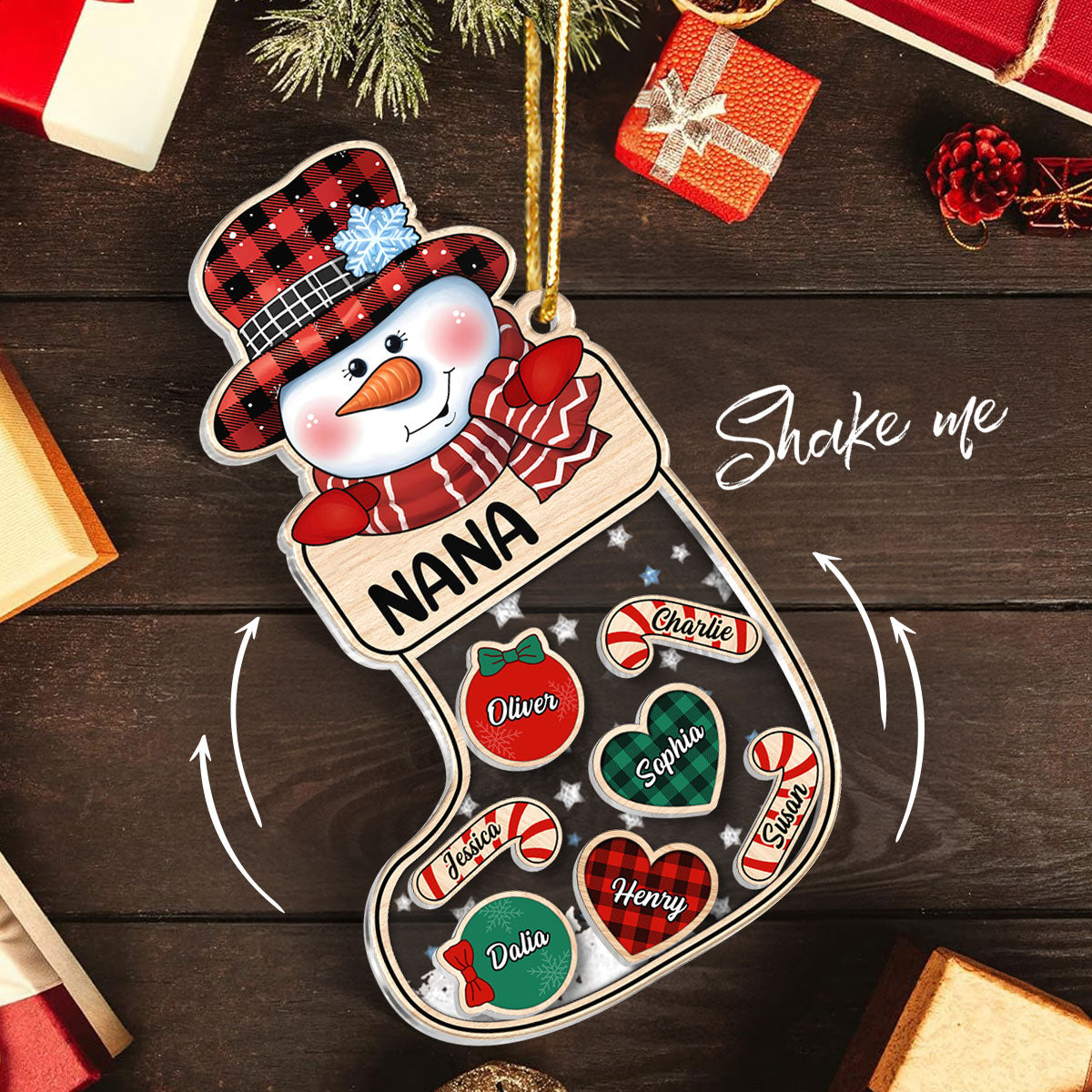 Grandma Snowman Kids In Christmas Socks Personalized Shaker Ornament