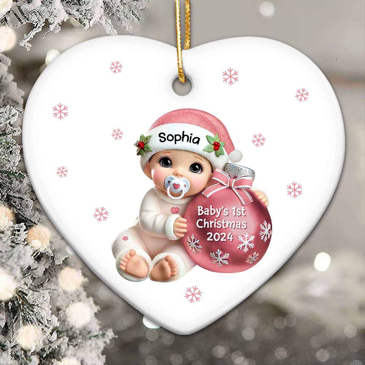 Baby Beside Christmas Bauble Baby's First Christmas Personalized Flat Heart Ceramic Ornament