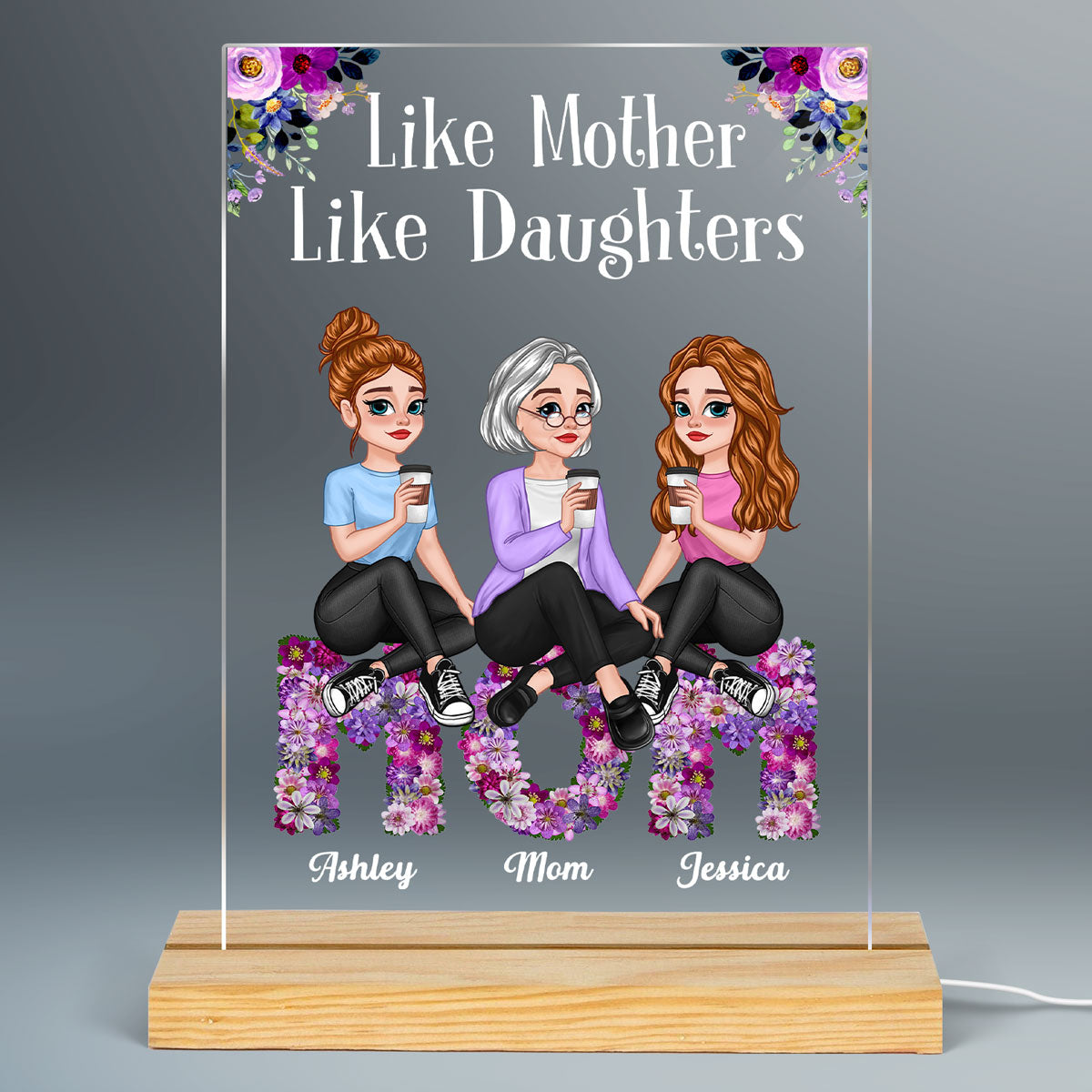 Love Between Pretty Cartoon Mother & Daughter Forever Floral MOM Personalized Rectangle Acrylic Plaque With LED Night Light