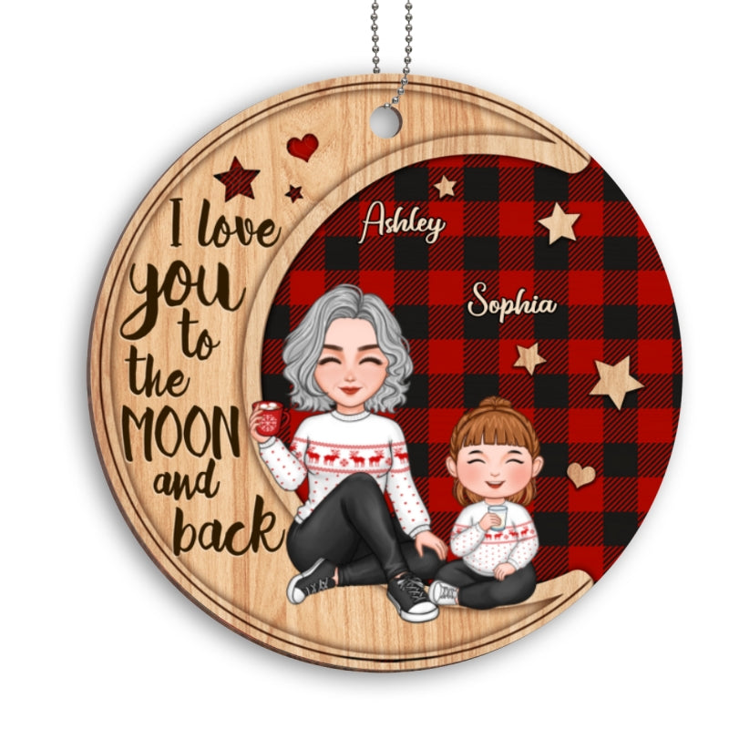 Checkered Pattern Cute Grandma Sitting With Grandkids On Moon Christmas Personalized Wooden Ornament