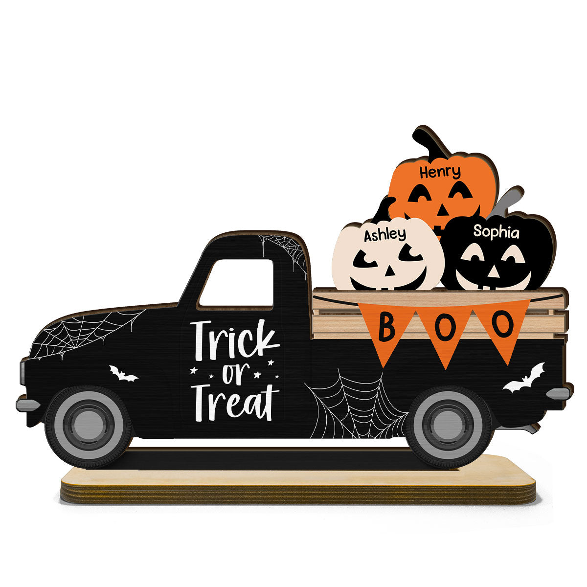 Halloween Pumpkin Truck Trick Or Treat Personalized 2-Layer Standing Wooden Plaque, Halloween Decoration, Tiered Tray Decor