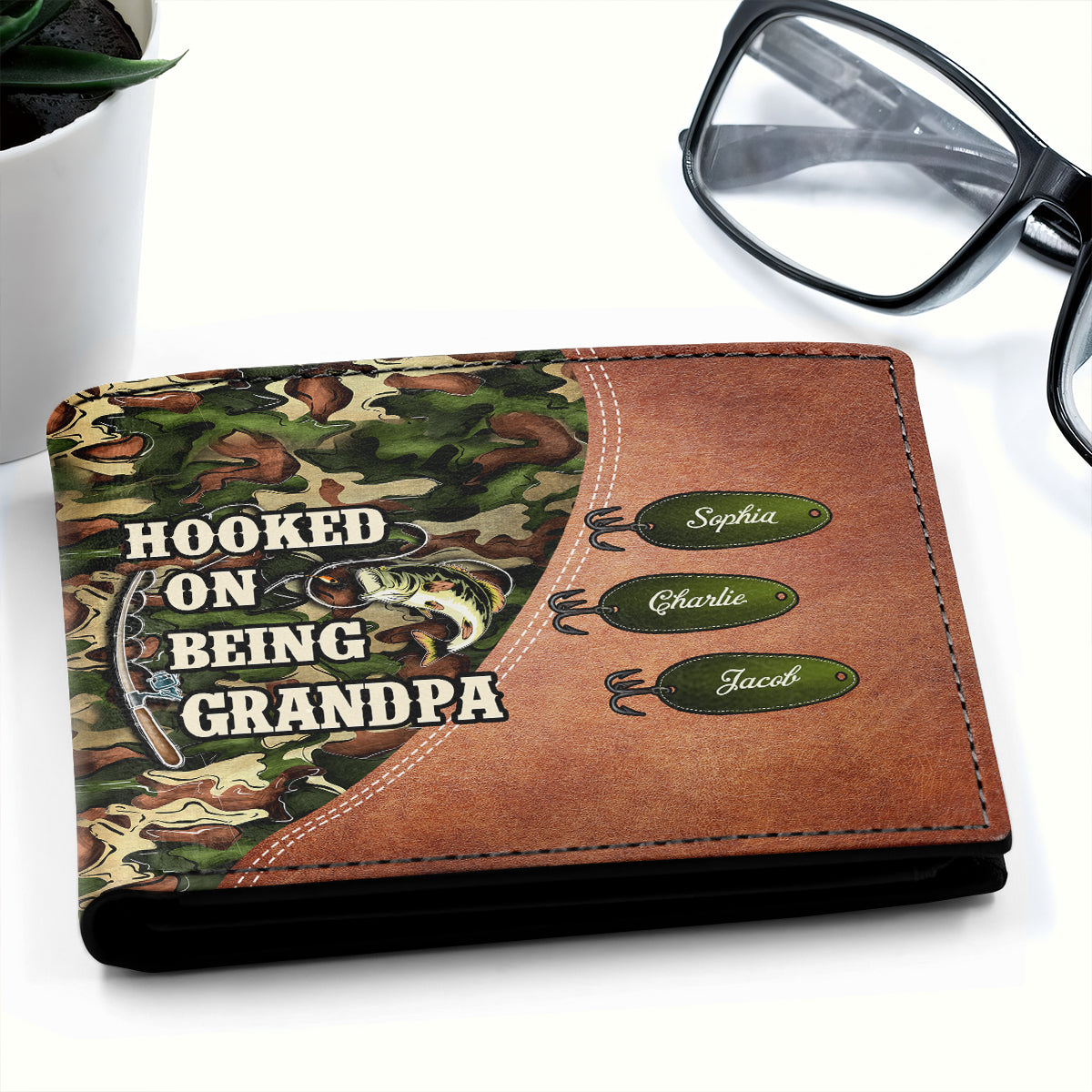Hooked On Being Fishing Grandpa Camouflage Personalized Men’s Wallet