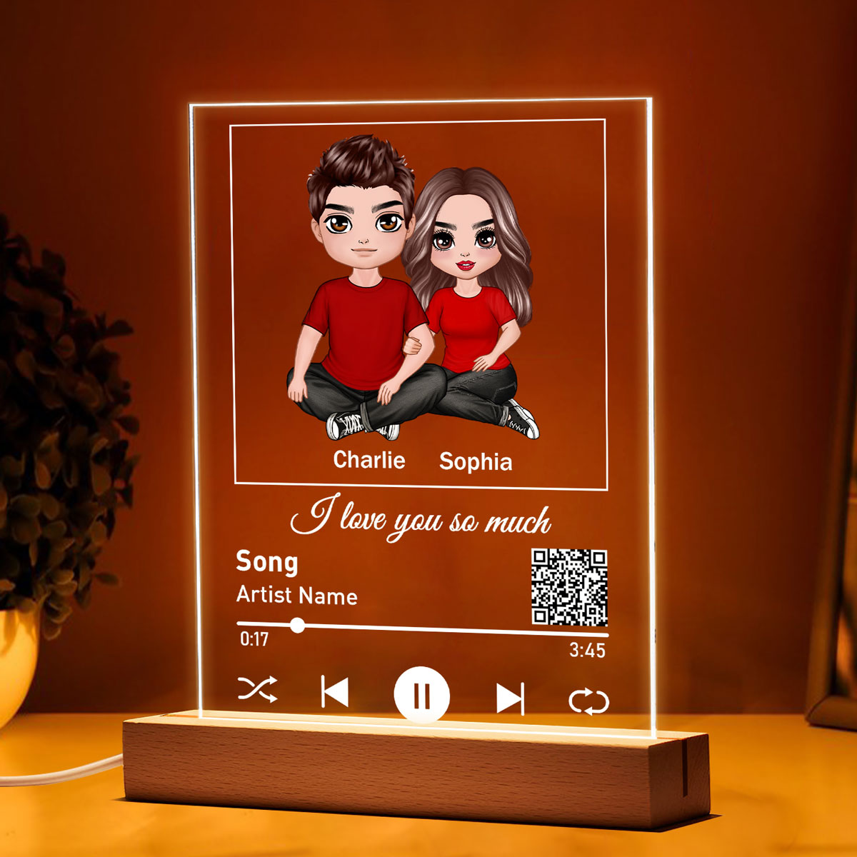 Couple Sitting Hugging Favorite Song Scannable QR Code Personalized Rectangle Acrylic Plaque LED Night Light