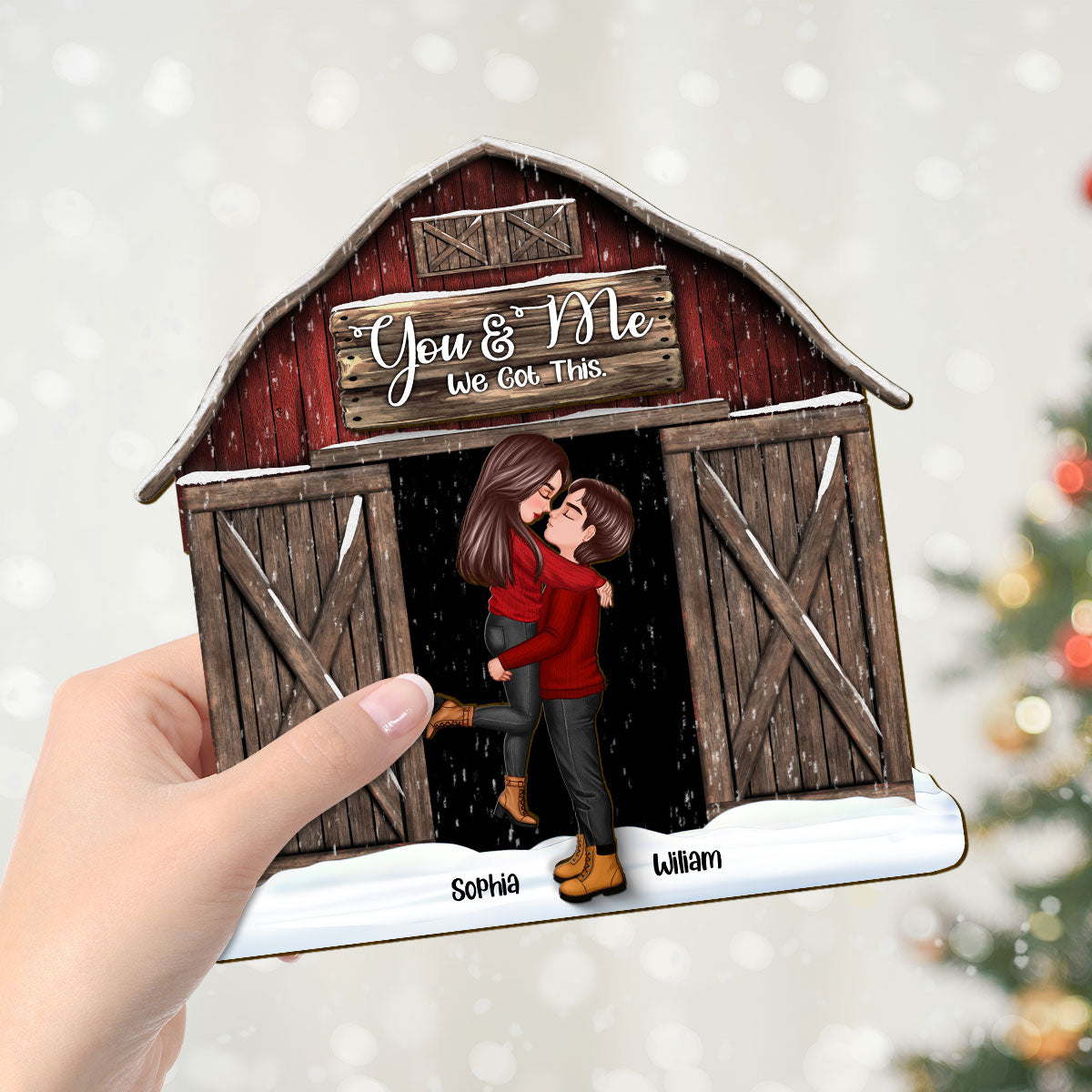 Red Barn Christmas Couple Kissing Personalized 2-Layer Standing Wooden Plaque, Christmas Tiered Tray Decor