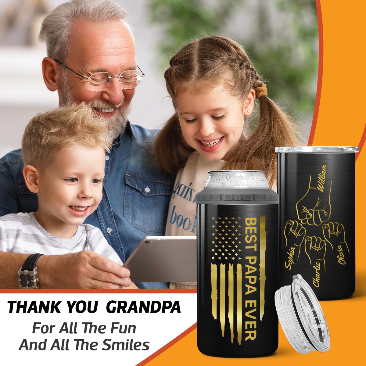 Best Papa Ever Gift For Grandpa Nation Flag Fist Bumps Outline Personalized 4-in-1 Can Cooler