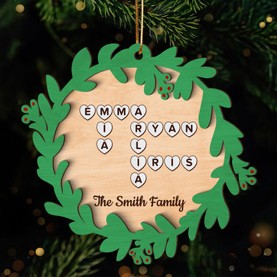 Family Names Crossword Puzzle Art Wreath Shaped Personalized 2-Layer Wooden Ornament