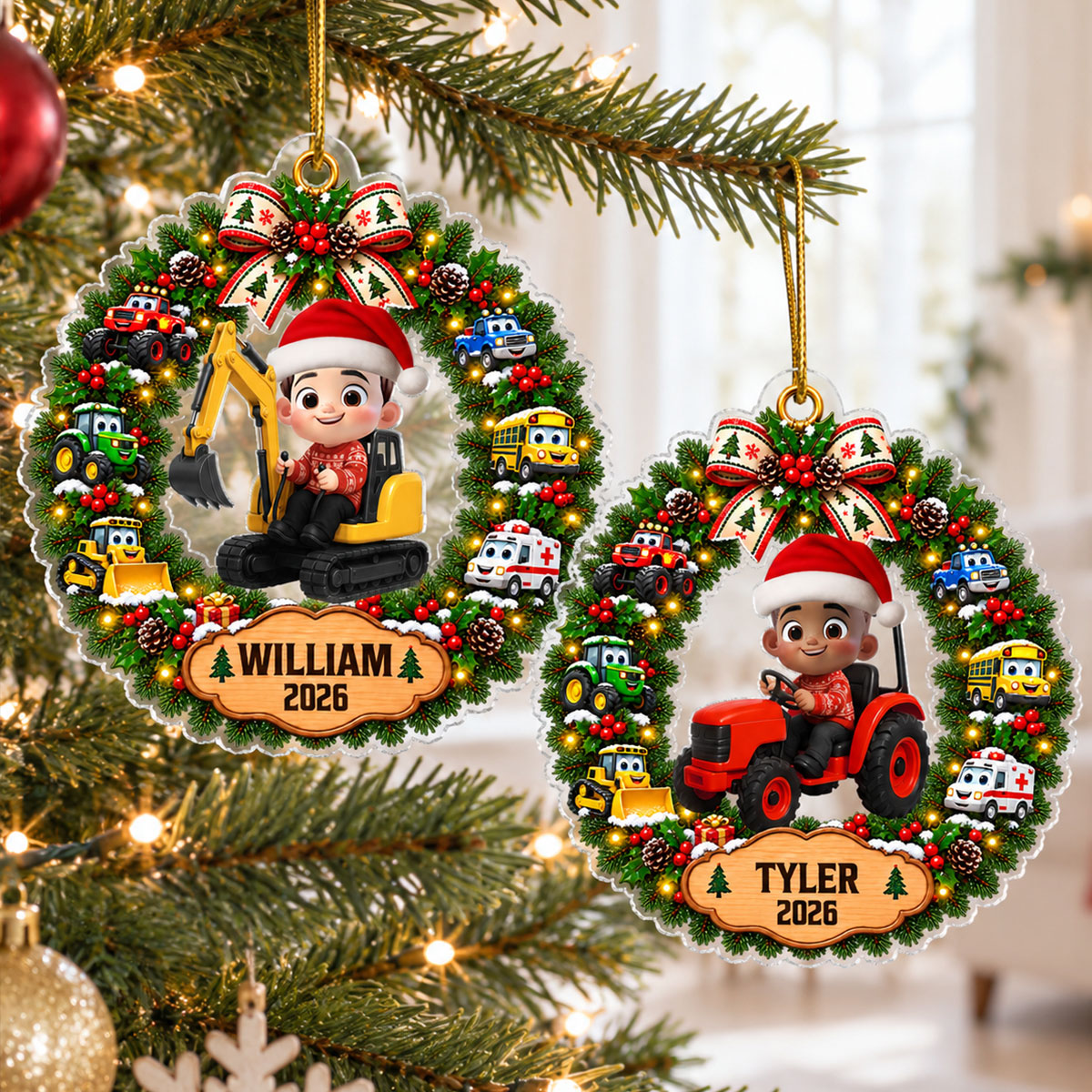 Little Boy Kid With Excavator - Personalized Acrylic Ornament - Christmas Gift For Grandkids