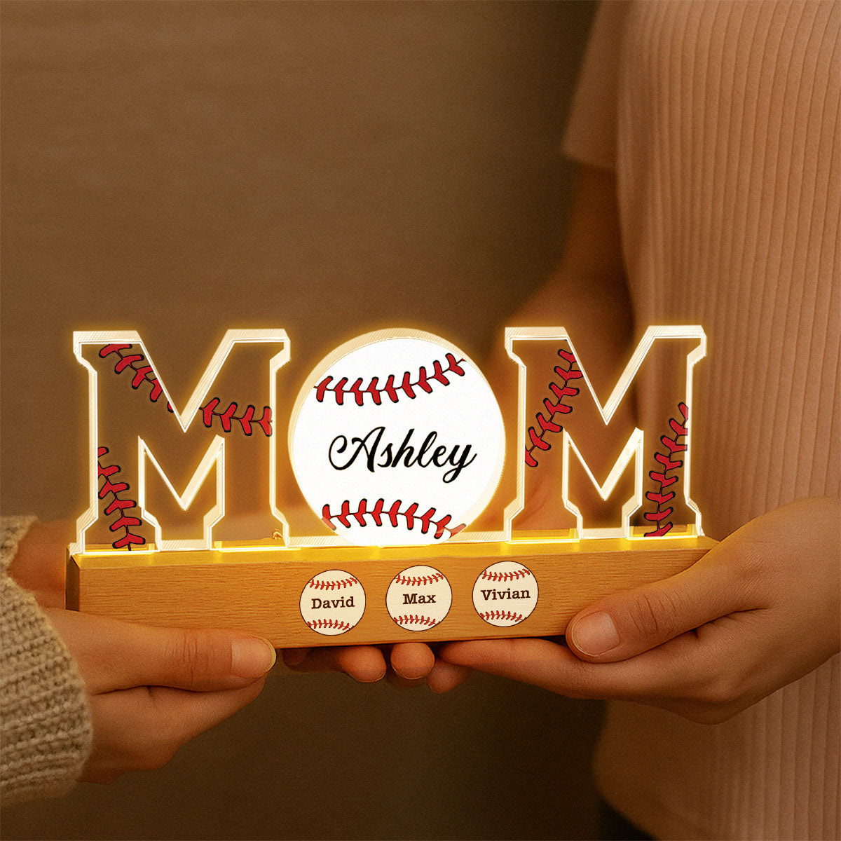 Baseball Softball Mom Kids Names Personalized Acrylic Block LED Night Light