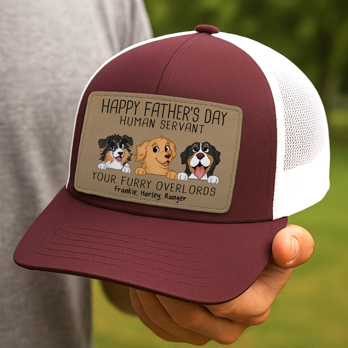 Happy Father‘s Day Human Servant Funny Cute Dogs Personalized Leather Patch Hat, Gift For Dog Dad
