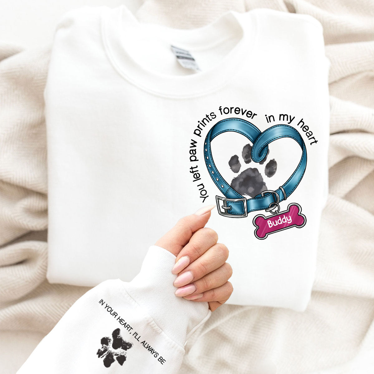 In Your Heart I‘ll Always Be Dog Collar Heart Light Color Personalized Sleeve Printed Sweatshirt