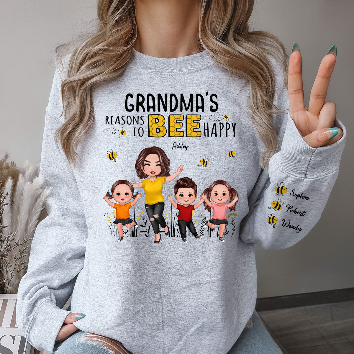 Grandma's Reasons To Be Happy Personalized Sleeved Printed Sweatshirt, Gift For Grandma