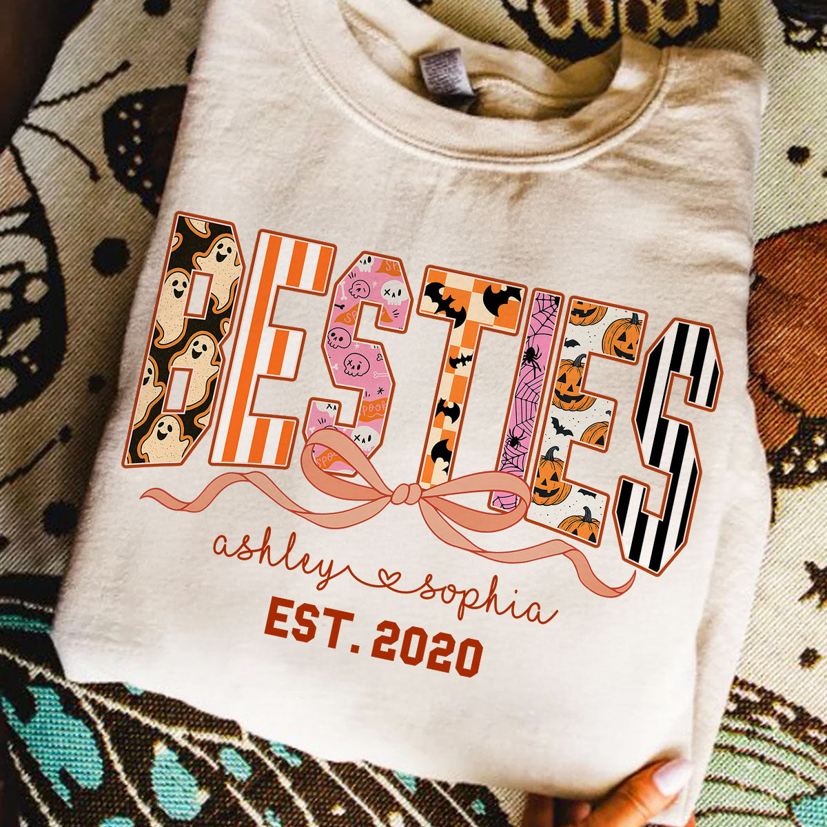 Retro Halloween Spooky Coquette Personalized Matching Besties Sweatshirt, Fall Gift for Besties