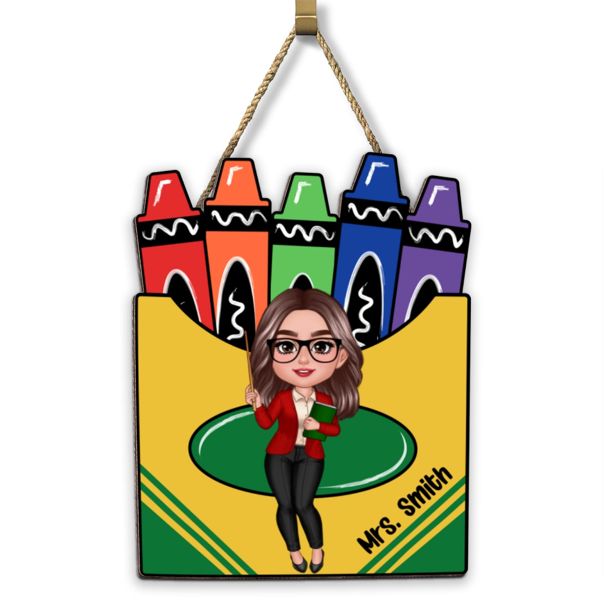 Doll Teacher Crayon Box Personalized Wood Sign, Back To School Gift