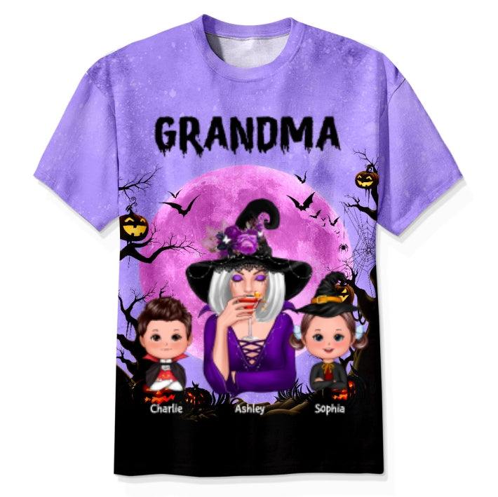 Grandma Witch & Kids Moon Bat Tree Personalized Shirt, Halloween Costume for Grandma