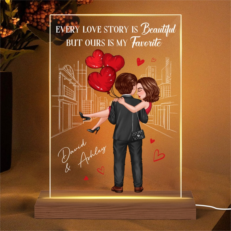 Embracing Hugging Doll Couple Outline Background Personalized Plaque LED Night Light