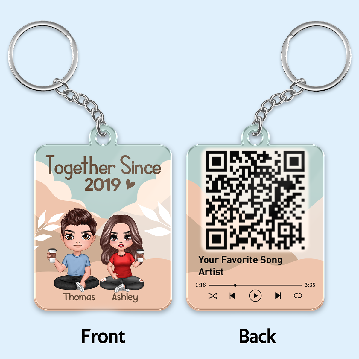 Doll Couple Sitting Abstract Boho Favorite Song QR Code Personalized Acrylic Keychain