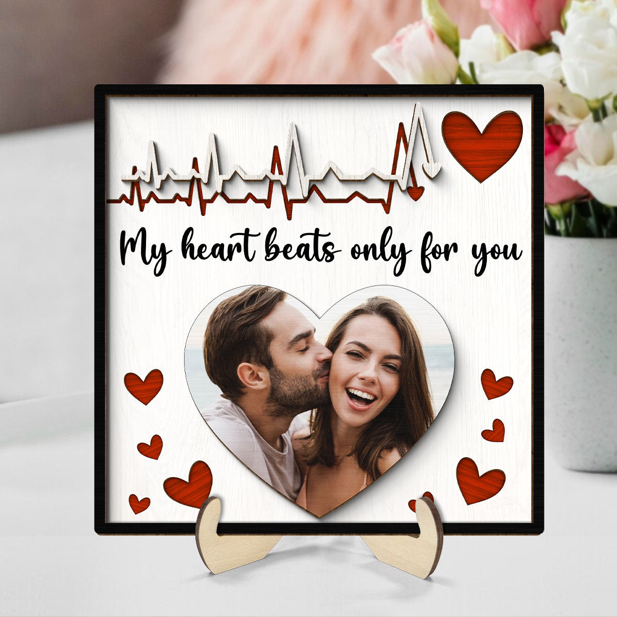 My Heart Beats Only For You Couple Photo Valentine‘s Day Gift For Him For Her Personalized 2-Layer Wooden Plaque