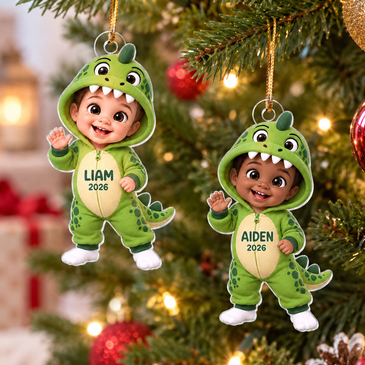 Cute Cartoon Kid With Dinosaur Costume - Personalized Acrylic Ornament - Christmas Gift For Boys, Girls