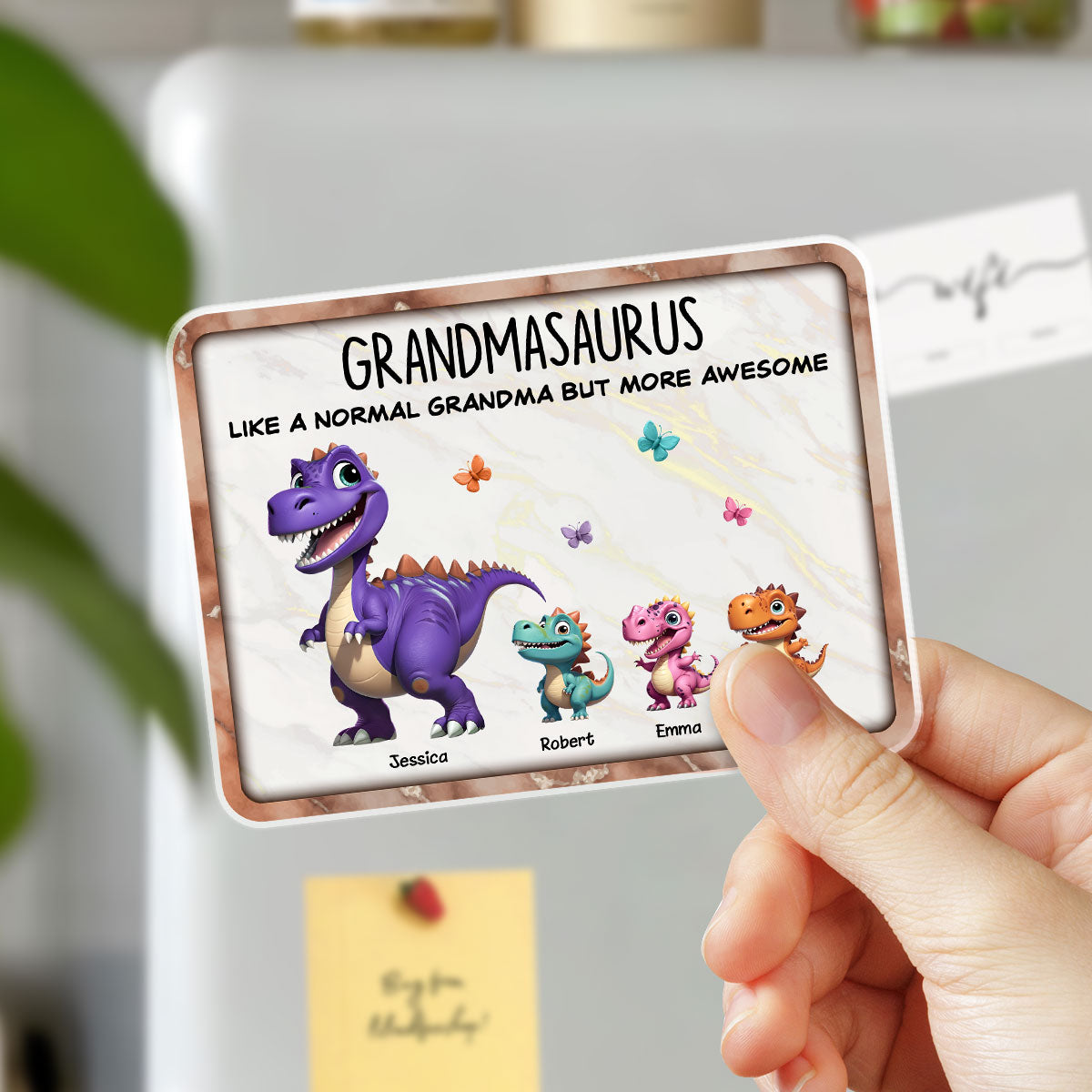 Grandmasaurus And Kids 3D Effect Dinosaurs Personalized Acrylic Fridge Magnet, Gift For Grandma