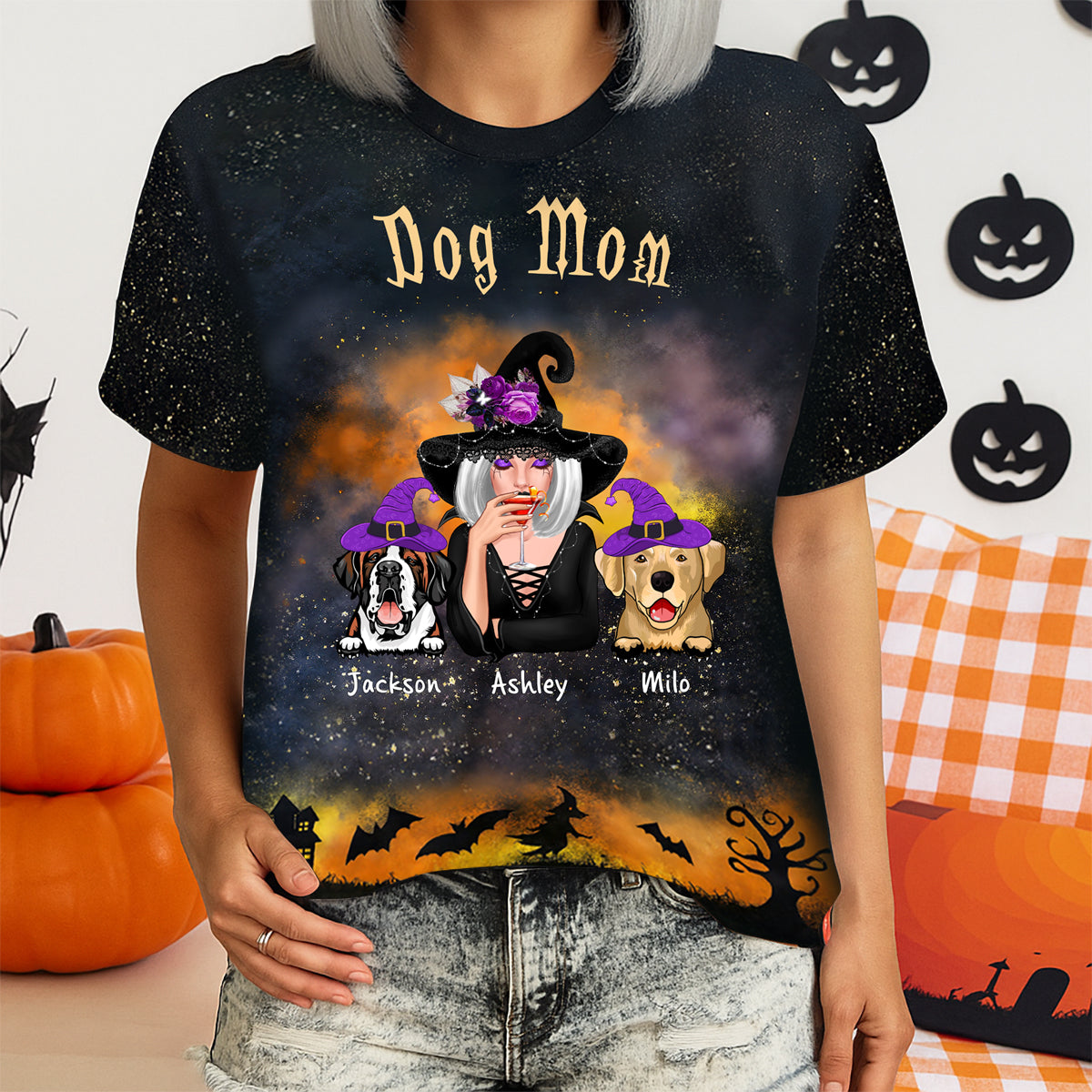 Pretty Witch Dog Mom Witchy Ombre Tie-Dye Pattern Personalized Shirt, Pawfect Costume for Dog Lover