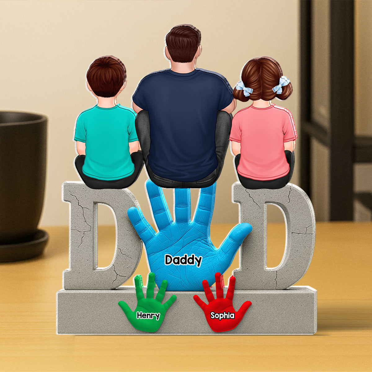 Dad Handprints Dad And Kids Sitting On Text Personalized Acrylic Block Plaque