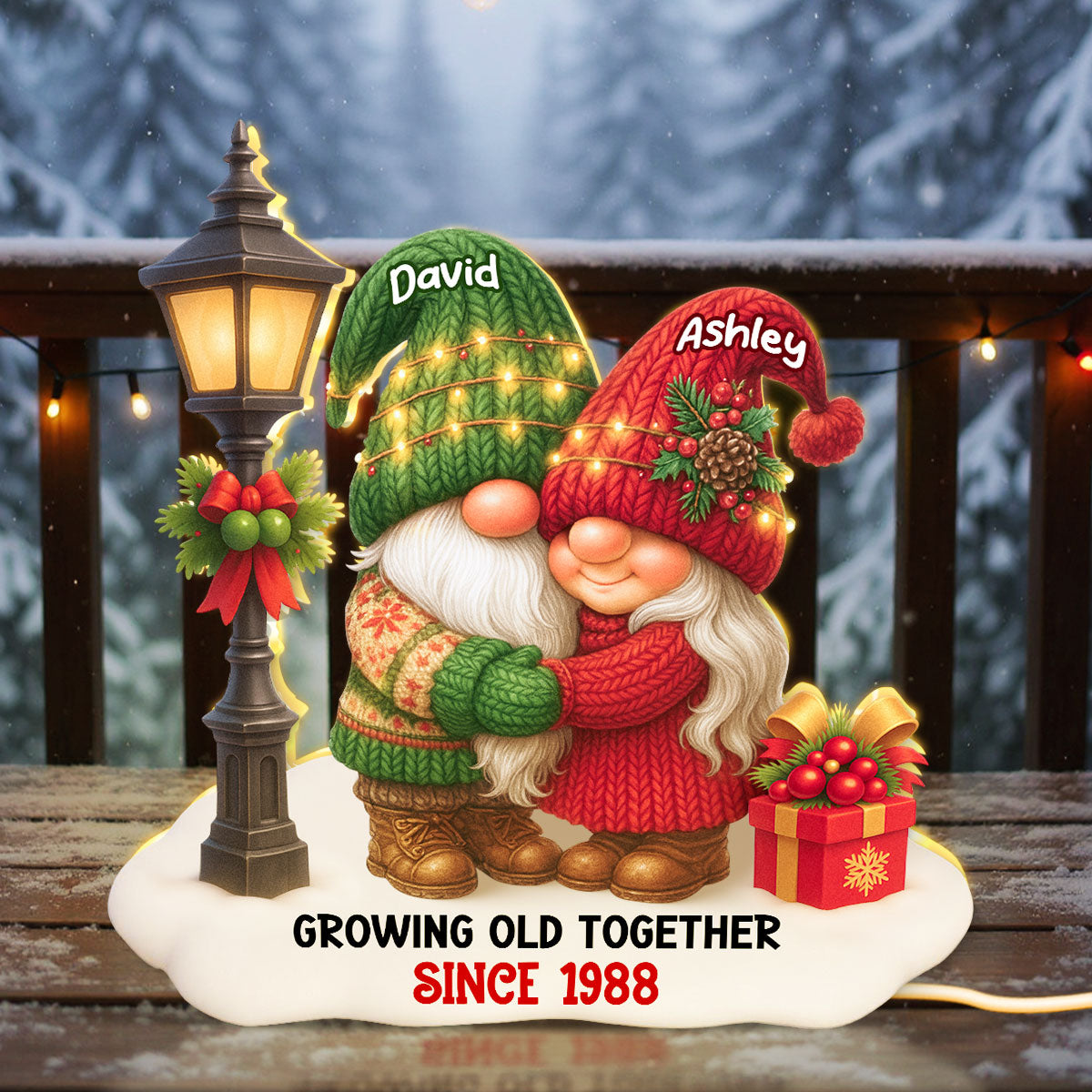 Gnome Christmas Couple Growing Old Together Personalized Light Box, Gift for him, for her