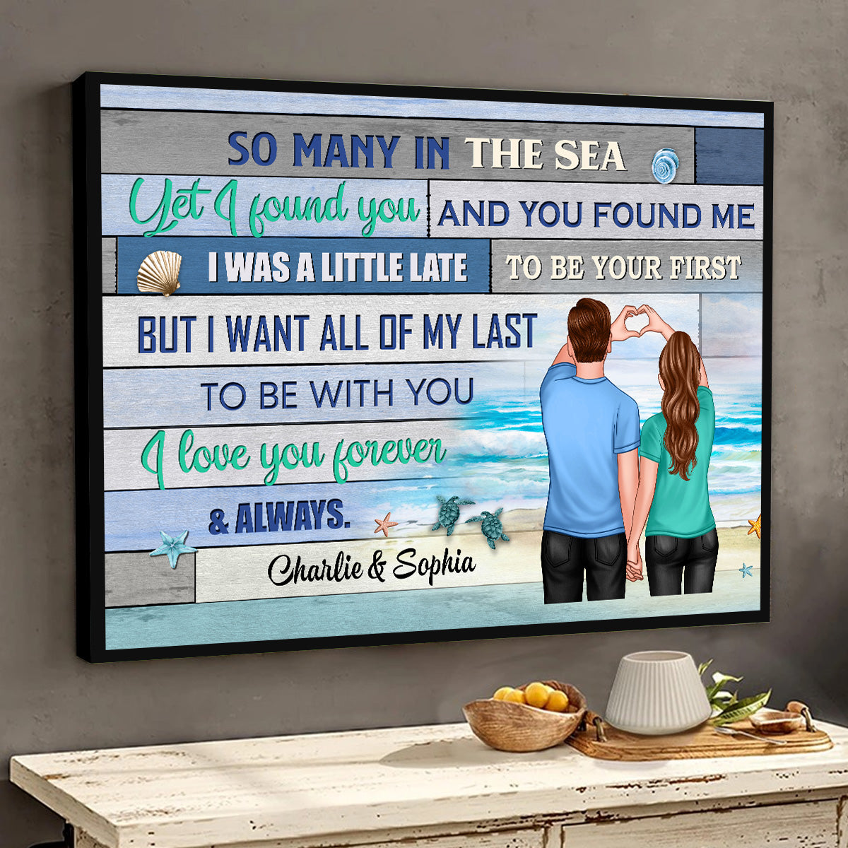 Couple Heart Hands Beach Summer Wooden Stripe Personalized Horizontal Poster