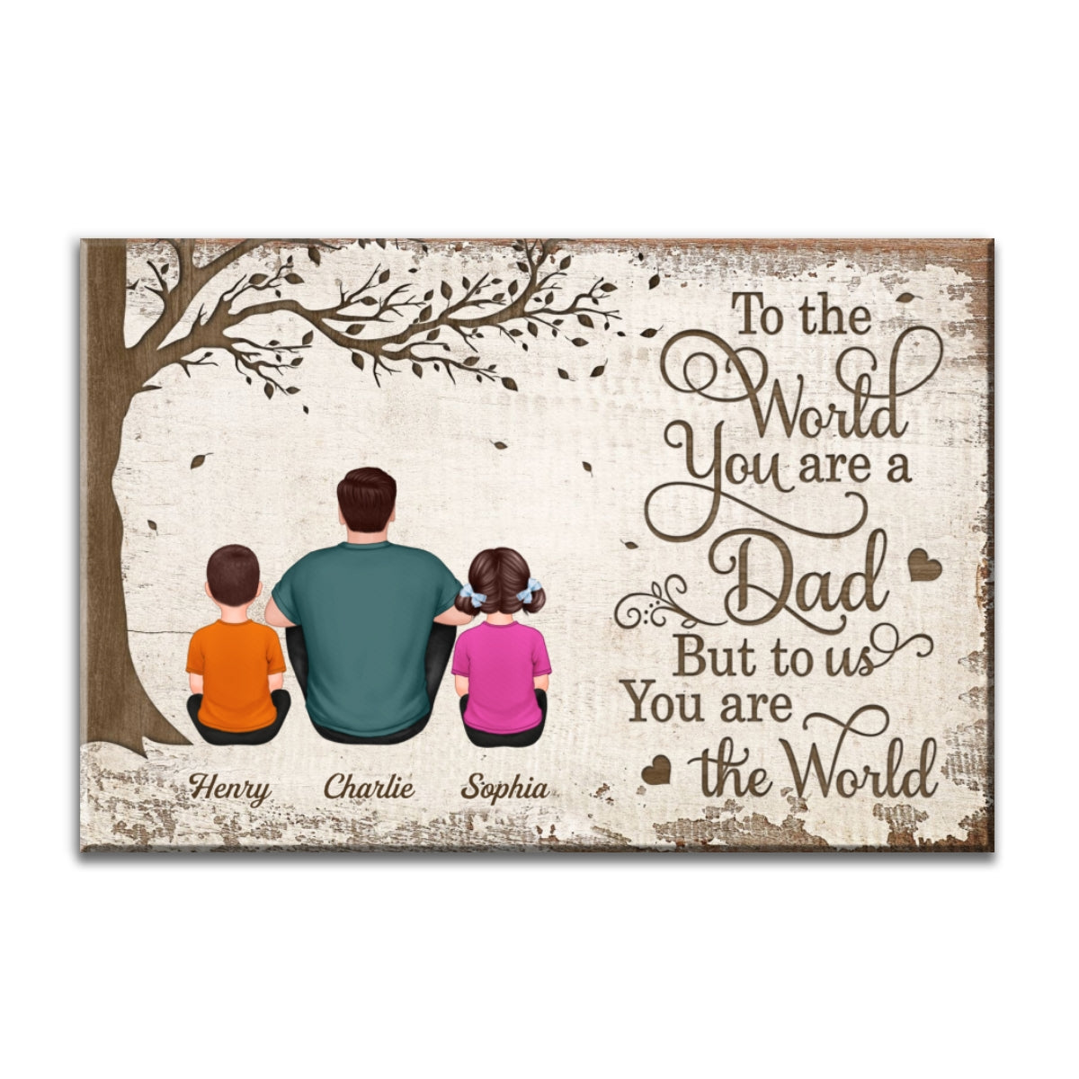 Back View Dad And Kids Dogs Cats Sitting Personalized Canvas