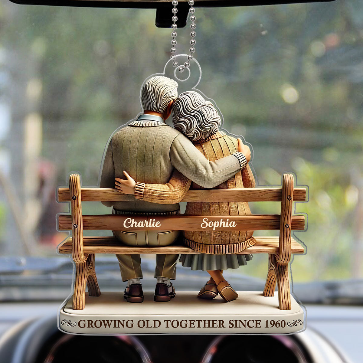 3D Effect Old Couple Sitting On Bench Growing Old Together Since Personalized Car Hanger Ornament, Heartfelt Gift For Couple, For Him, For Her, Husband, Wife