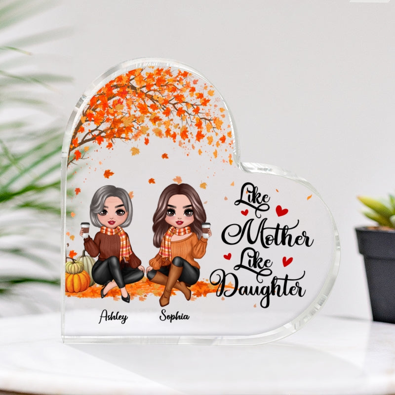 Fall Season Doll Mom Daughters Sitting Under Tree Personalized Acrylic Heart Plaque