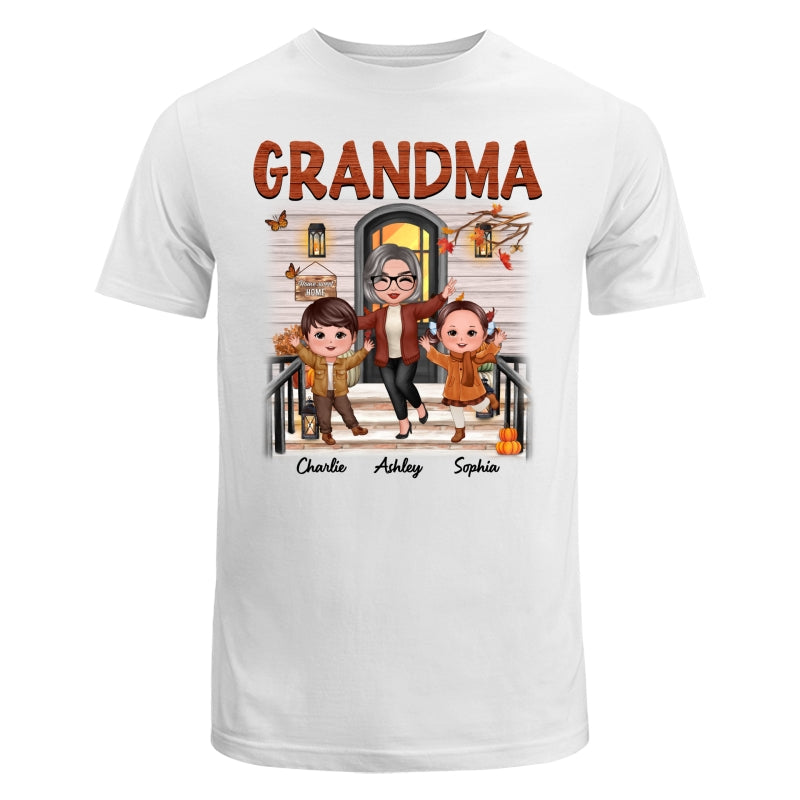 Fall Season Happy Doll Grandma And Grandkids Front Porch Personalized Shirt