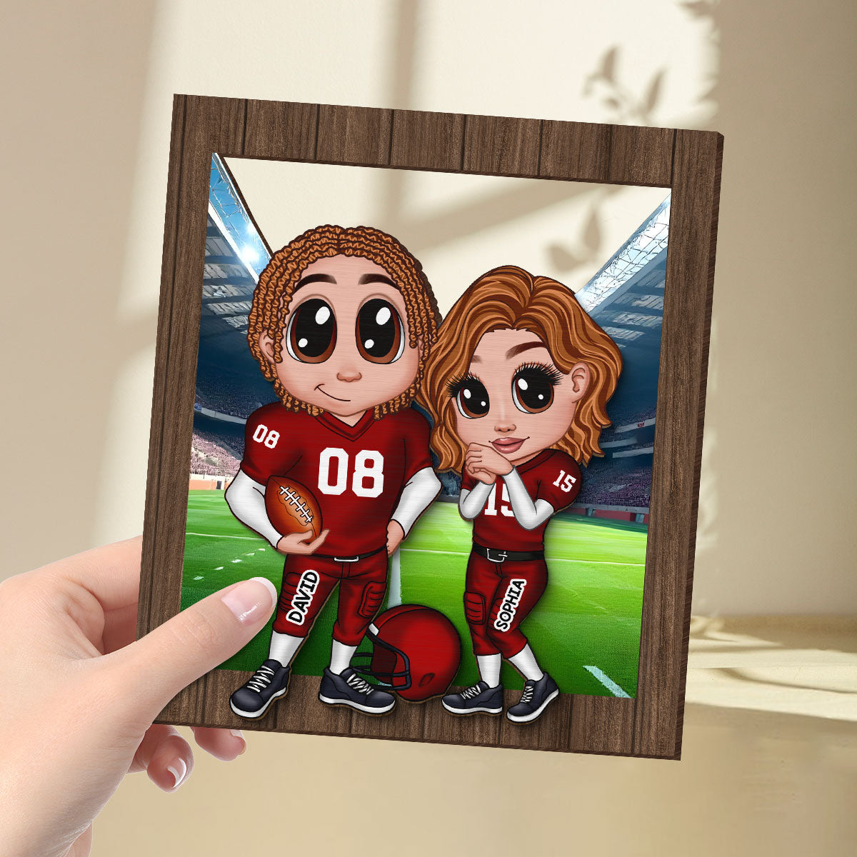 American Football Couple Y2K Style At Field Personalized 2-Layer Wooden Plaque,  Gift for Couples, Gift For Football Fans, Super Bowl 2025