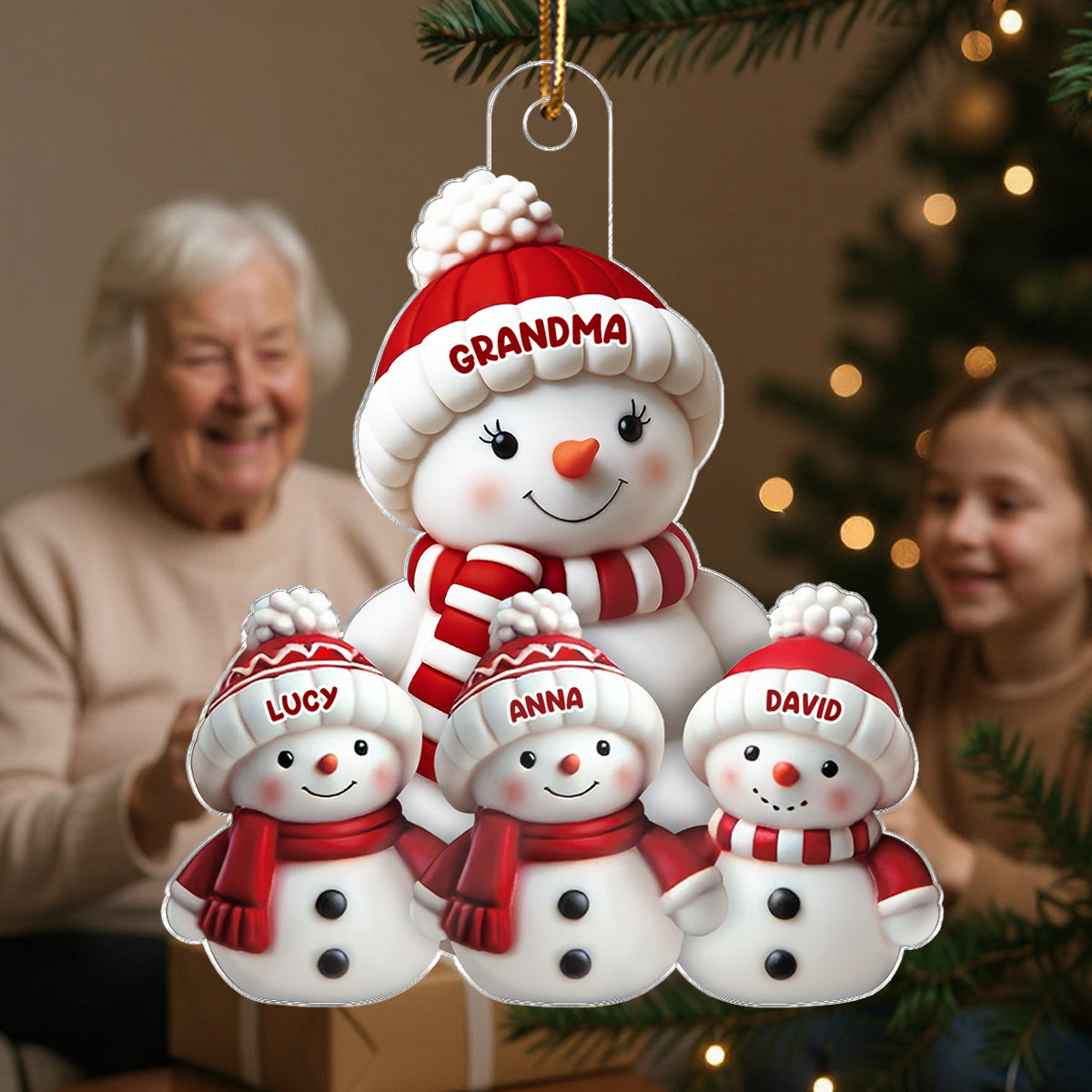 3D Effect Cute Snowman Grandma & Grandkids - Personalized Acrylic Ornament - Christmas Decor For Family, Grandma