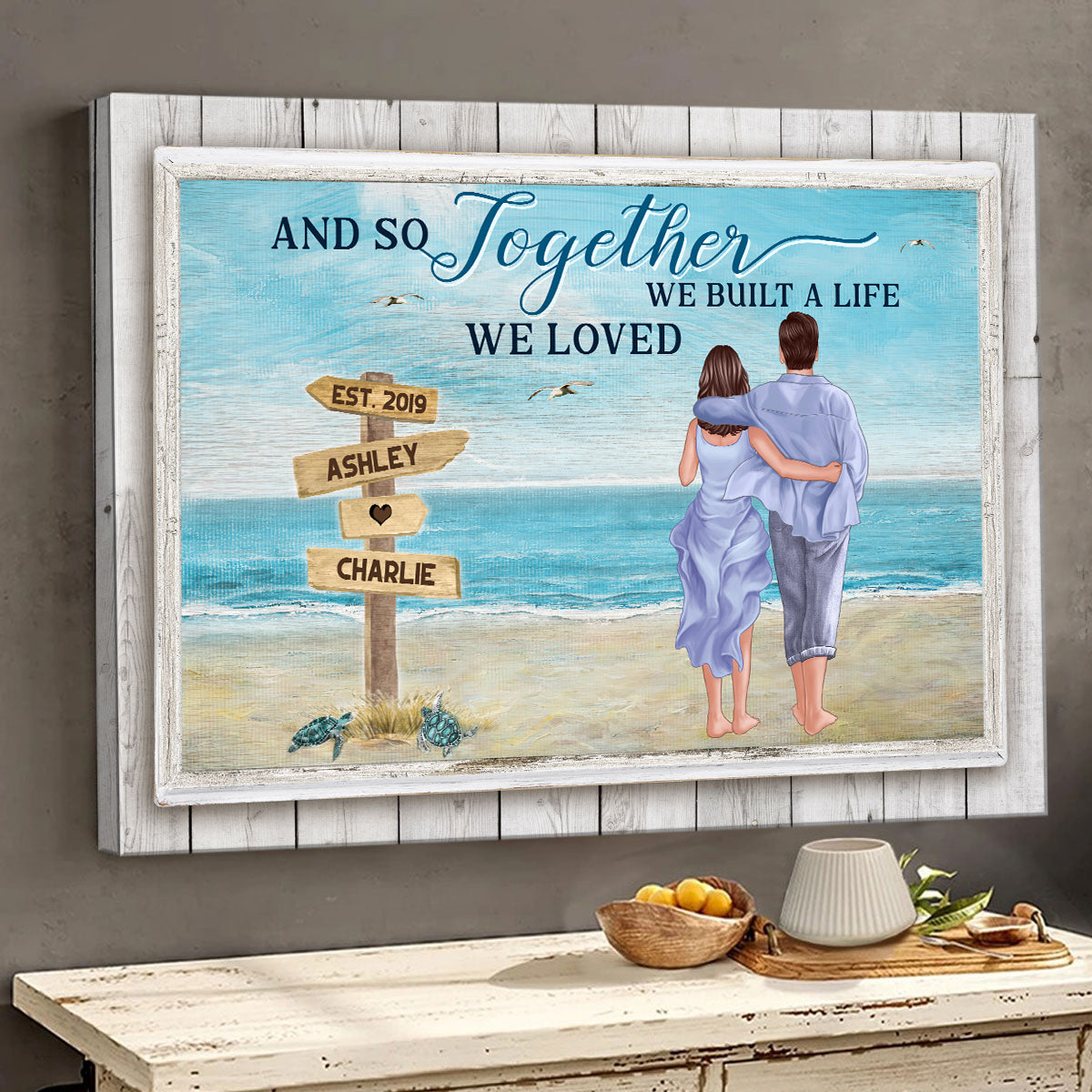 Back View Couple Walking On The Beach Landscape Personalized Canvas Prints