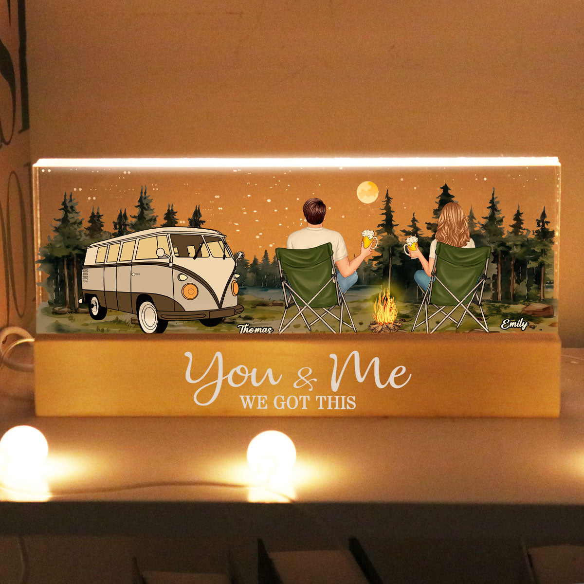 Back View Couple Camping Sitting Together Personalized Acrylic Block LED Night Light, Heartfelt Gift For Couple, For Him, For Her, Boyfriend, Girlfriend, Husband, Wife