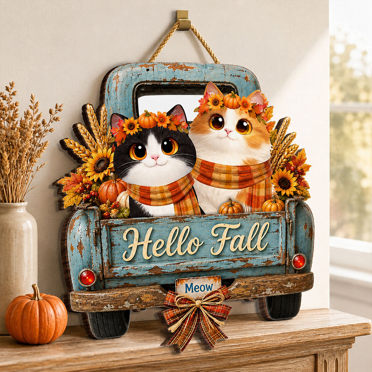 Hello Fall Pumpkin Cats - Personalized Door Hanger Sign - Cozy Fall Decor for Cat Lovers