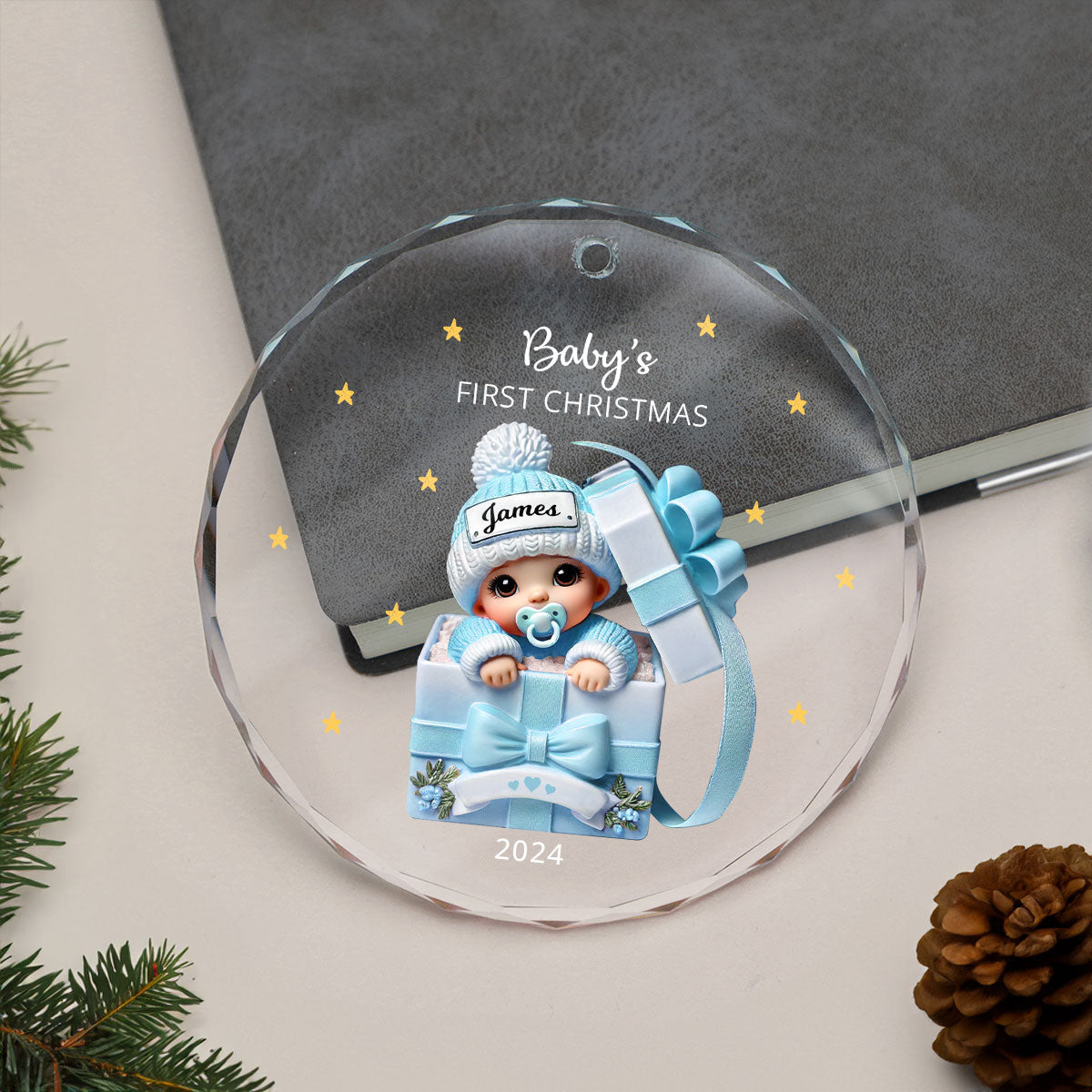 Baby Inside Gift Box Personalized Glass Ornament, Baby First Christmas Keepsake