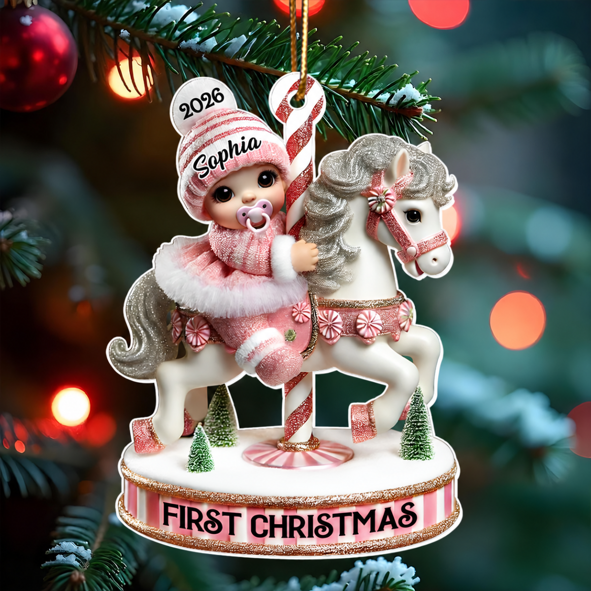 Baby's First Christmas Cute Baby On Carousel Horse Personalized Acrylic Ornament, New Parents Keepsake, Gift For Newborn