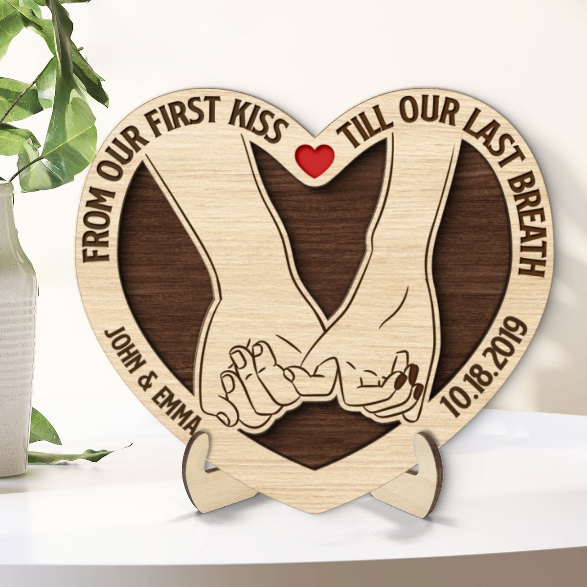 Couple Holding Hands From Our First Kiss Till Our Last Breath Personalized 2-Layer Wooden Plaque